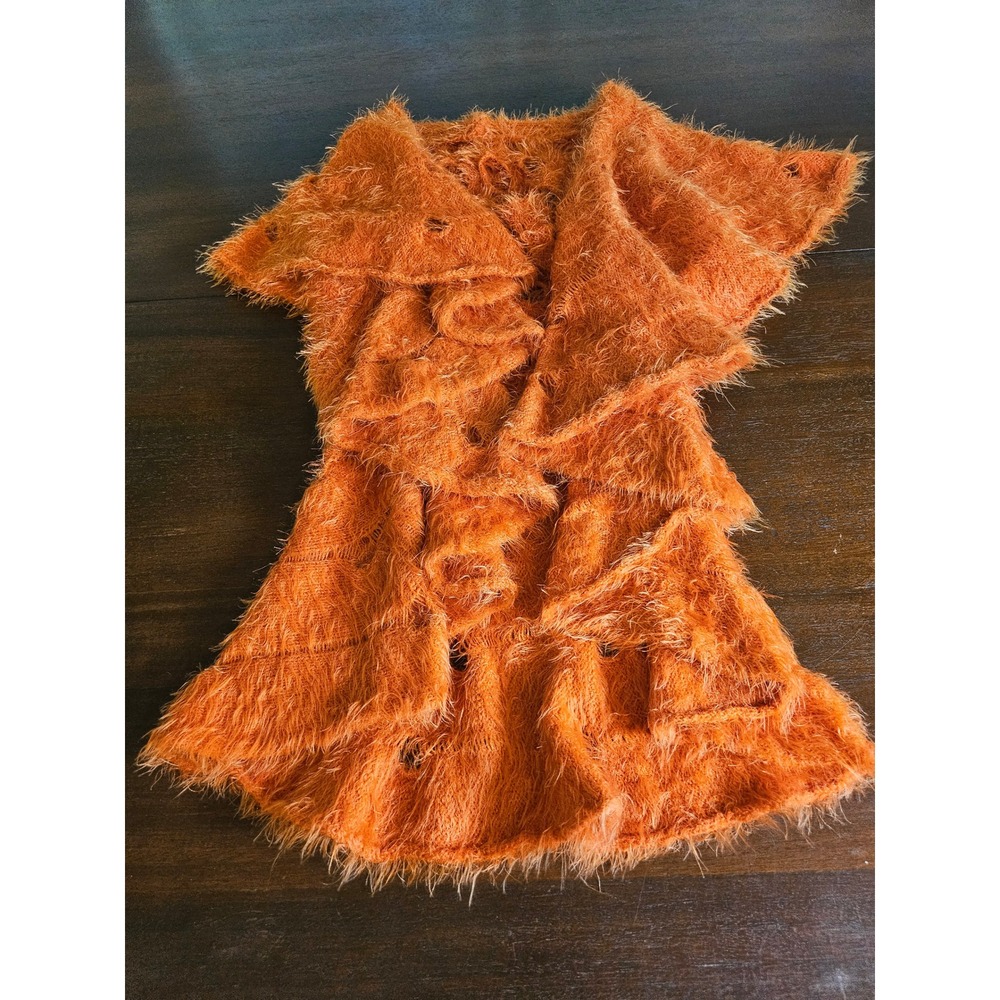 Radzoli Fuzzy Knit Vest Womens One Size Orange Eyelash Open Front Ruffle Hem